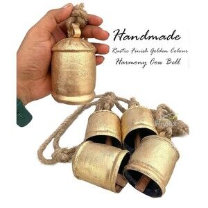 4 Metal Tibetan Inspired Decorative Bell with Jute Hanging Rope, 4" x 3" x 29",